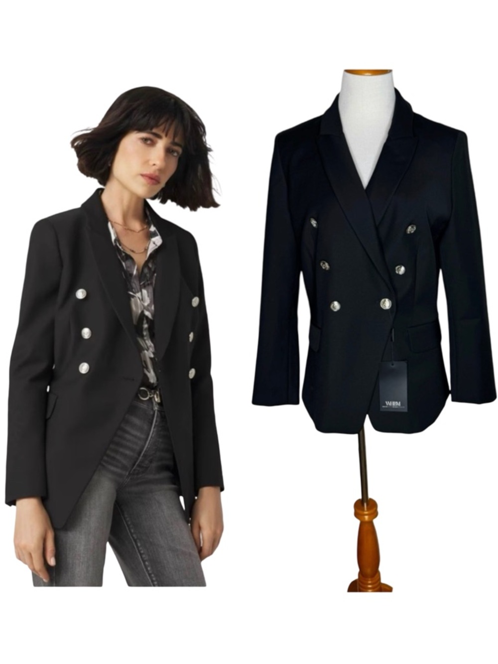 White House Black Market Double-Breasted Black Blazer with Silver Buttons